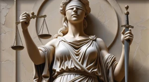 Blindfolded statue of Justice holding scales and a sword.