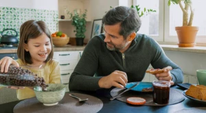 Father and daughter having breakfast together at the table