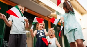 Children holding Italian flags, symbolizing citizenship and national identity.