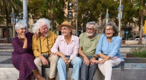 A group of elderly people smiling while walking through an Italian square