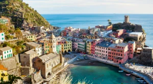 Typical Amalfi postcard showing colorful coastal houses overlooking the sea